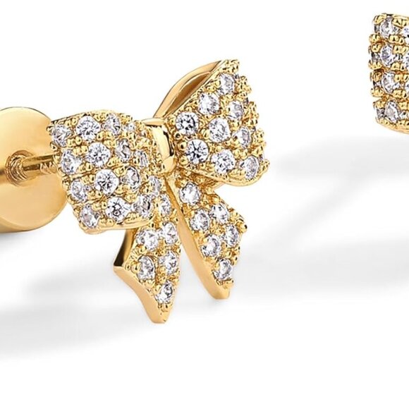 Gold Plated Dainty Bow & Celestial Flatback Earrings for Women with Cubic Zircon - Picture 3 of 6